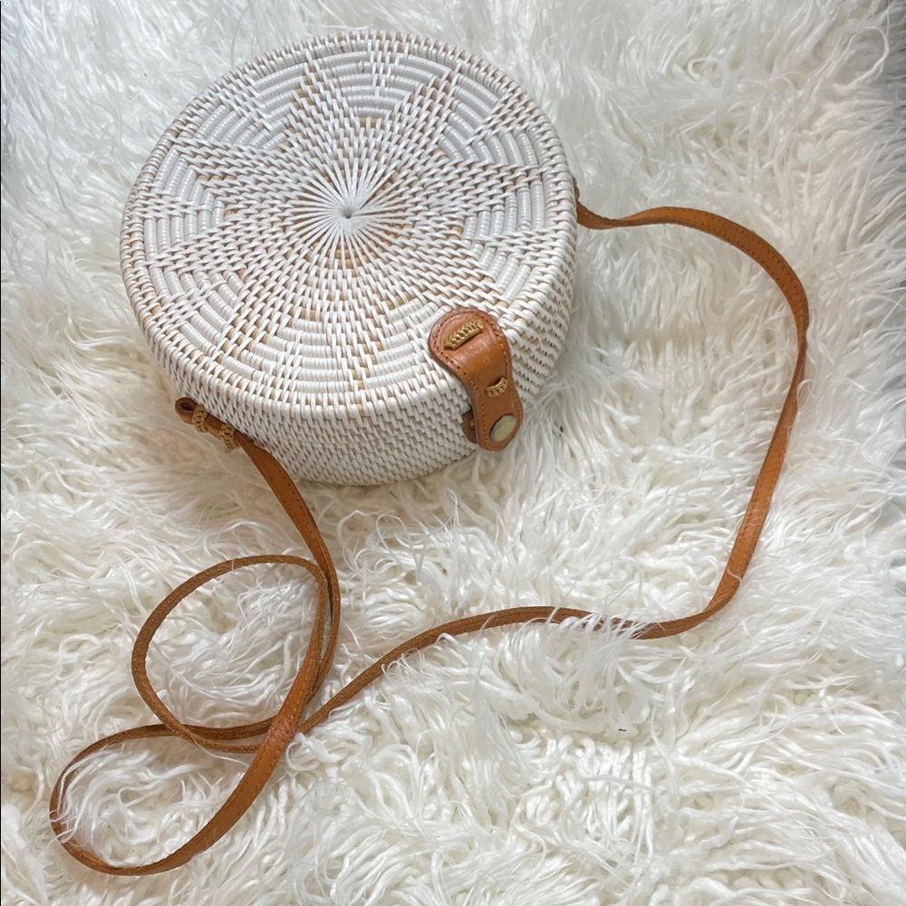 Elegant White and Tan Round Crossbody Bag